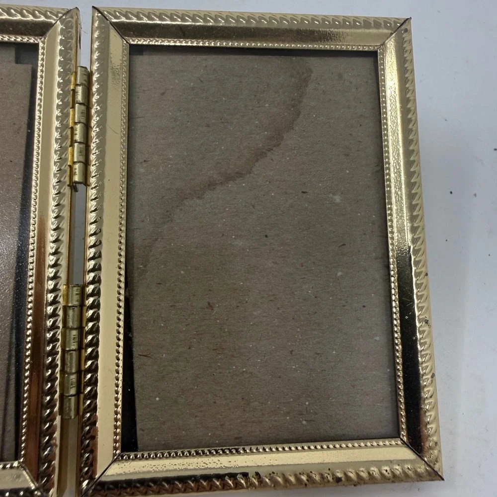 Vintage Gold Tone Metal Double Folding Picture Frame Hinged Bifold 2.5x3.5